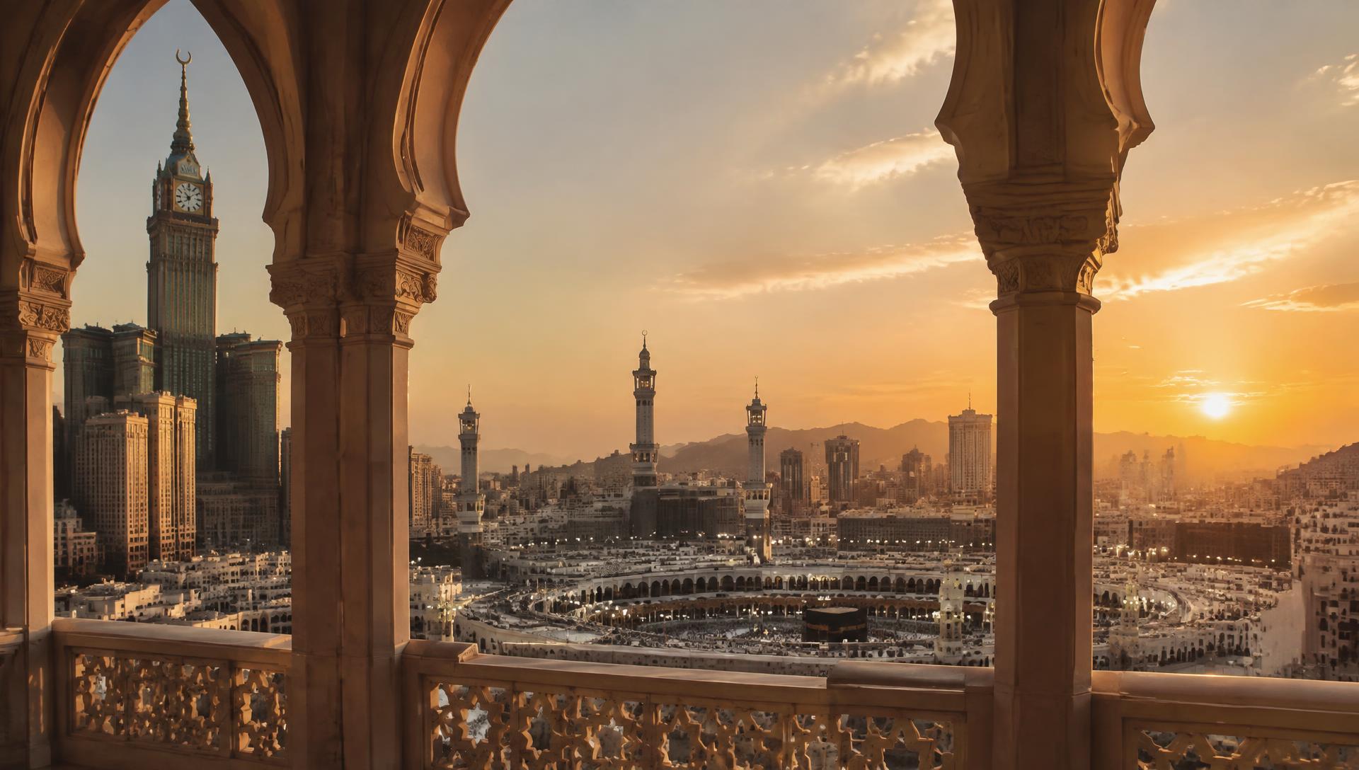 Golden hour over Makkah seen through carved arches